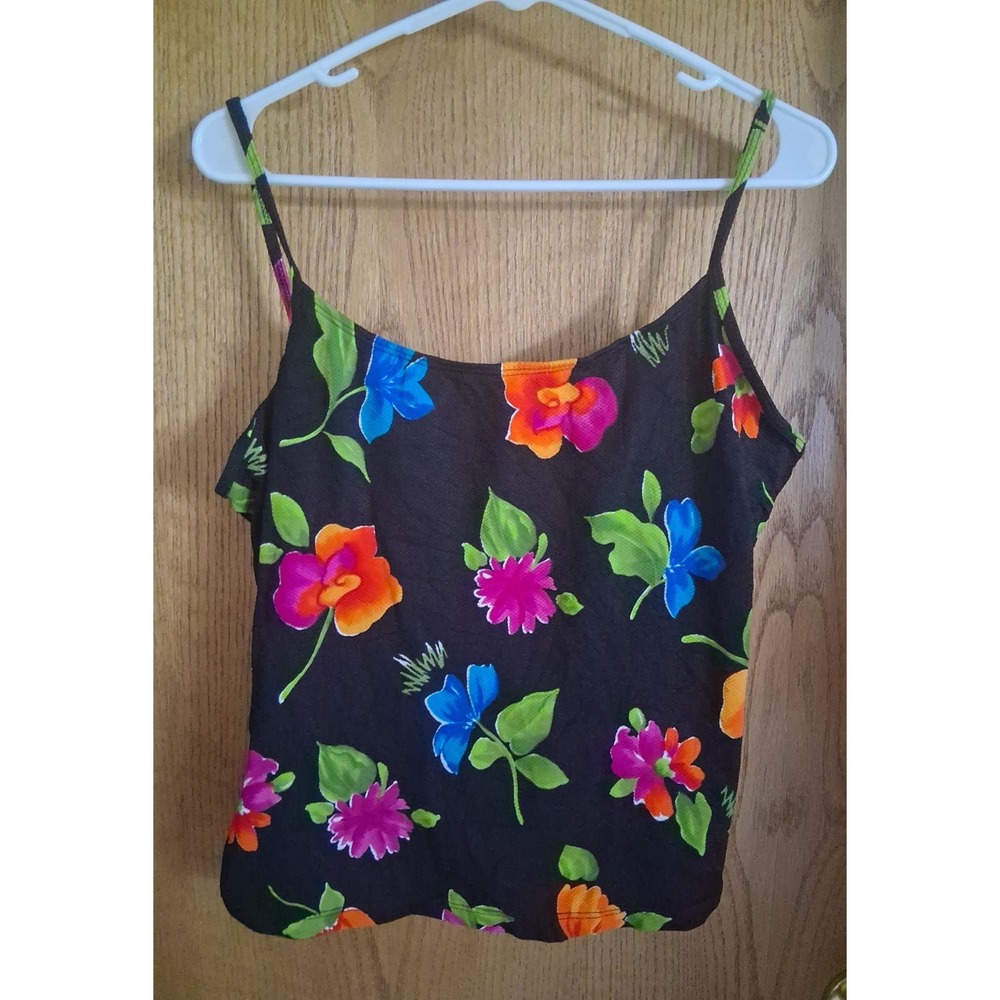 SO PRETTY!  Robby Len size 16 Tall Swimsuit Tankini Swim Top Black Bright Floral